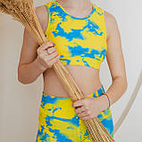 Дитячий костюм для пол денс для дівчинки синьо-жовтий топ з шортами патріотичний з біфлексу Олівія р. 26-44, фото 2