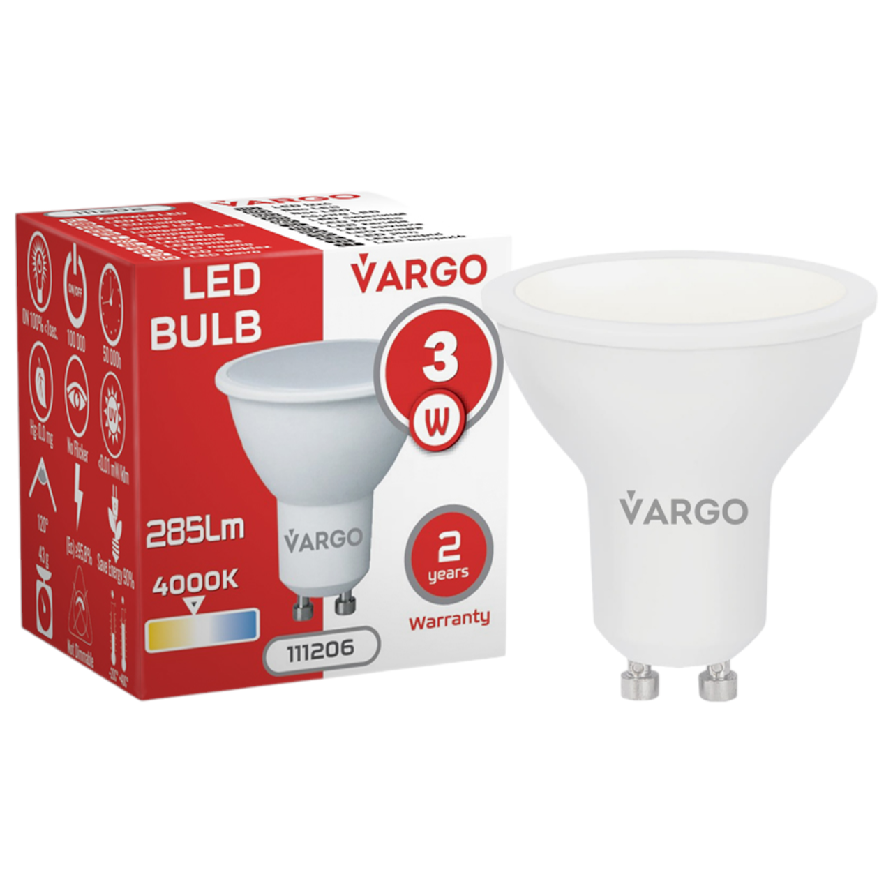 Лампа LED VARGO GU10 3W 4000K 50Hz 220V (V-111206), Лампа 4000K, Лампа яскрава