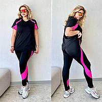 Женский спортивный фитнес костюм для спорта зала и тренировок удлиненная футболка и лосины дайвинг батал