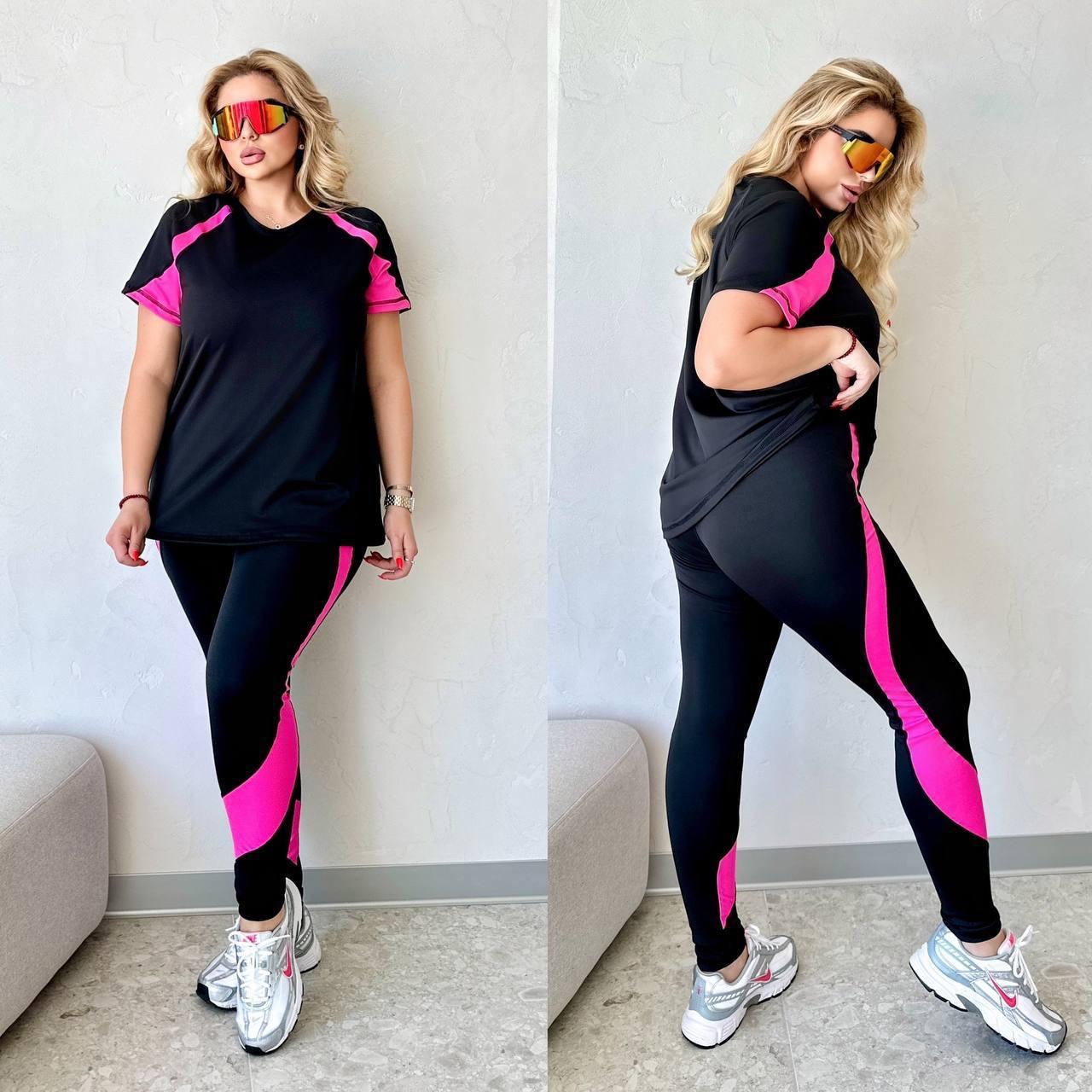 Жіночий спортивний фітнес костюм для спорту залу та тренувань подовжена футболка та лосини дайвінг батал - фото 1 - id-p2498158790