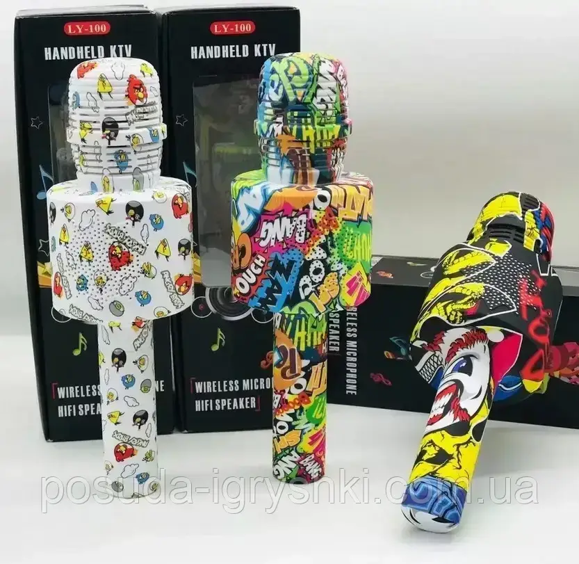 Мікрофон караоке LY100 на акумуляторі, USB вхід, USB шнур, Bluetooth, TF-слот, мікс видів.