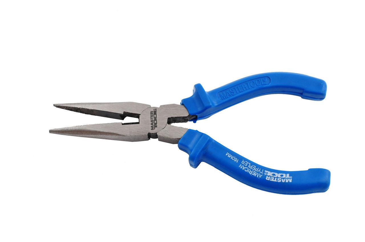 Щипці подовжені прямі Mastertool 200 мм American type (артикул 22-2200), хромовані, сині ручки, для важкодоступних місць, фото 1