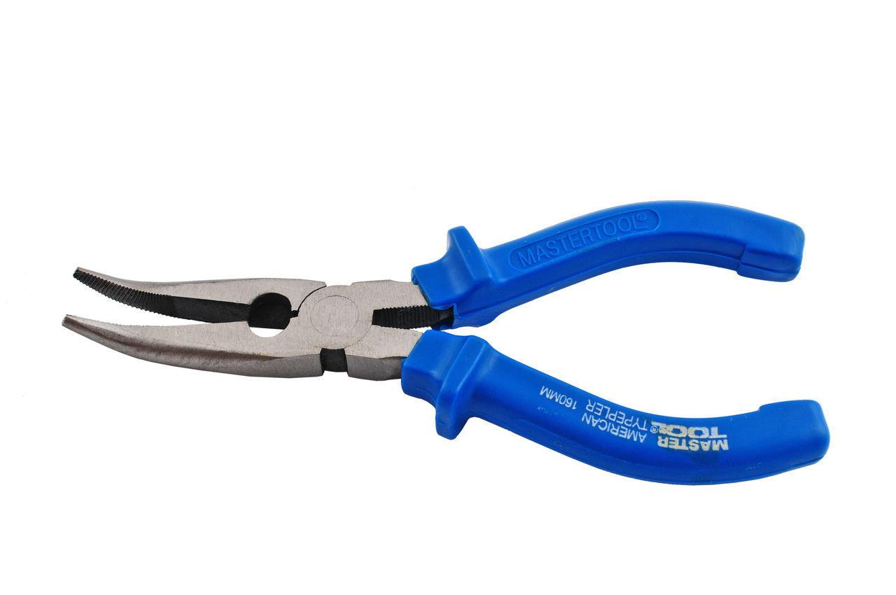 Щипці подовжені вигнуті Mastertool 200 мм American type (артикул 22-3200), хромовані, сині ручки, для важкодоступних місць
