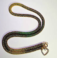 Джгут із бісеру для бейджів  коричнево-зелений з карабіном у формі серця