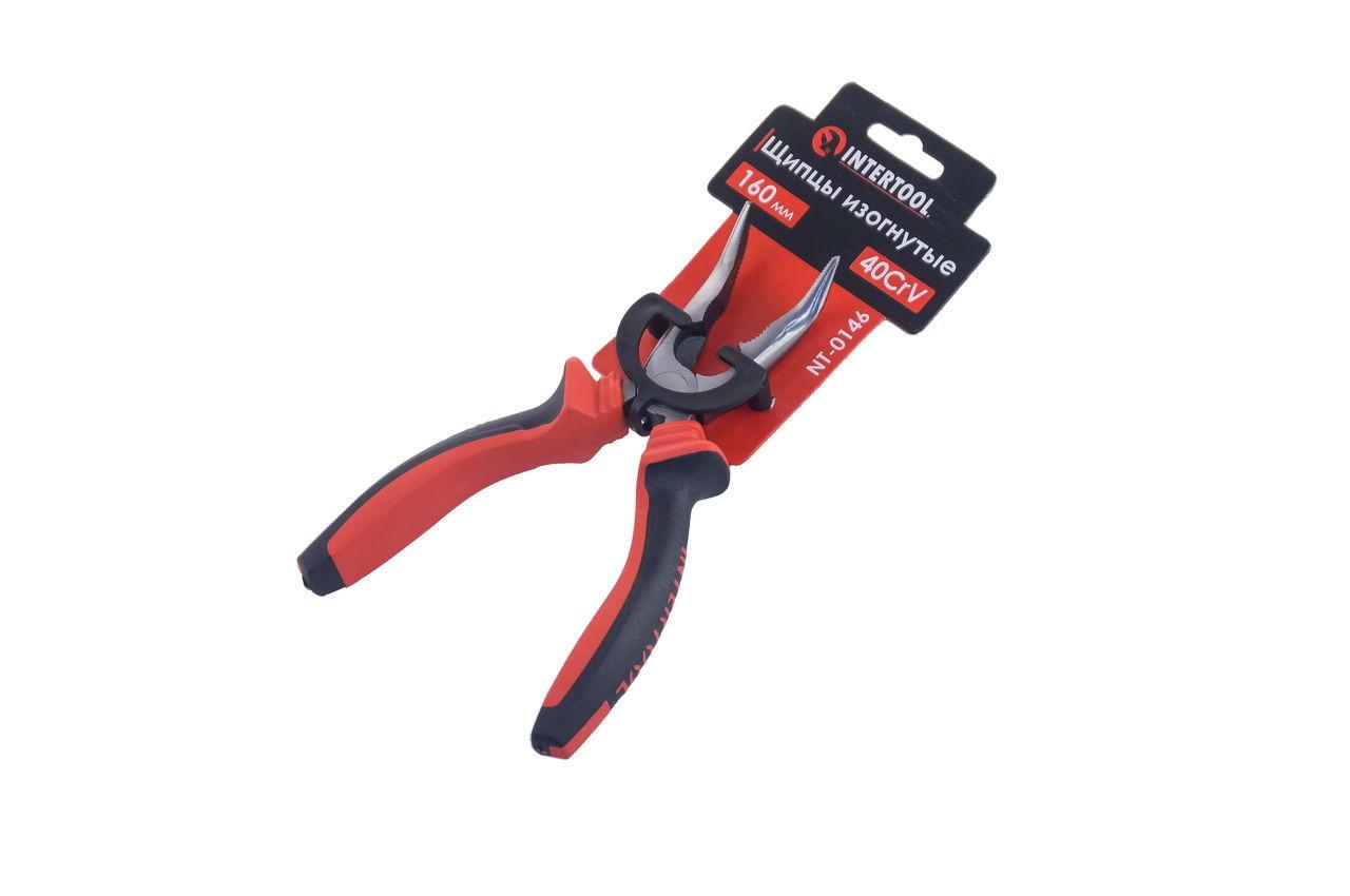 Плоскогубці подовжені вигнуті Intertool 160 мм, артикул NT-0146, фосфатовані, з 40CrV сталі, для роботи в важкодоступних місцях