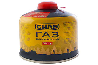 Газ для кемпінгу Сила 230 г, всесезонний, артикул 680246, різьбове з'єднання, мінімальна температура -23°C.