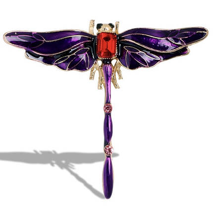 Брошка на золотистій основі бабка покрита фіолетовою емаллю з камінчиками розмір виробу 60х55 мм, фото 1