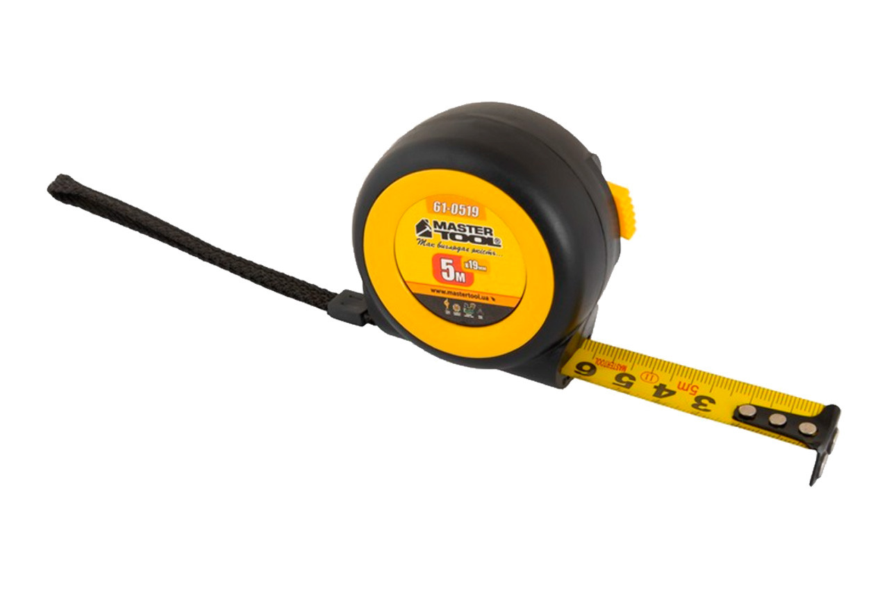 Рулетка Mastertool 5м x 19мм з магнітом, обрезинена, автостоп, артикул 61-0519, фото 1
