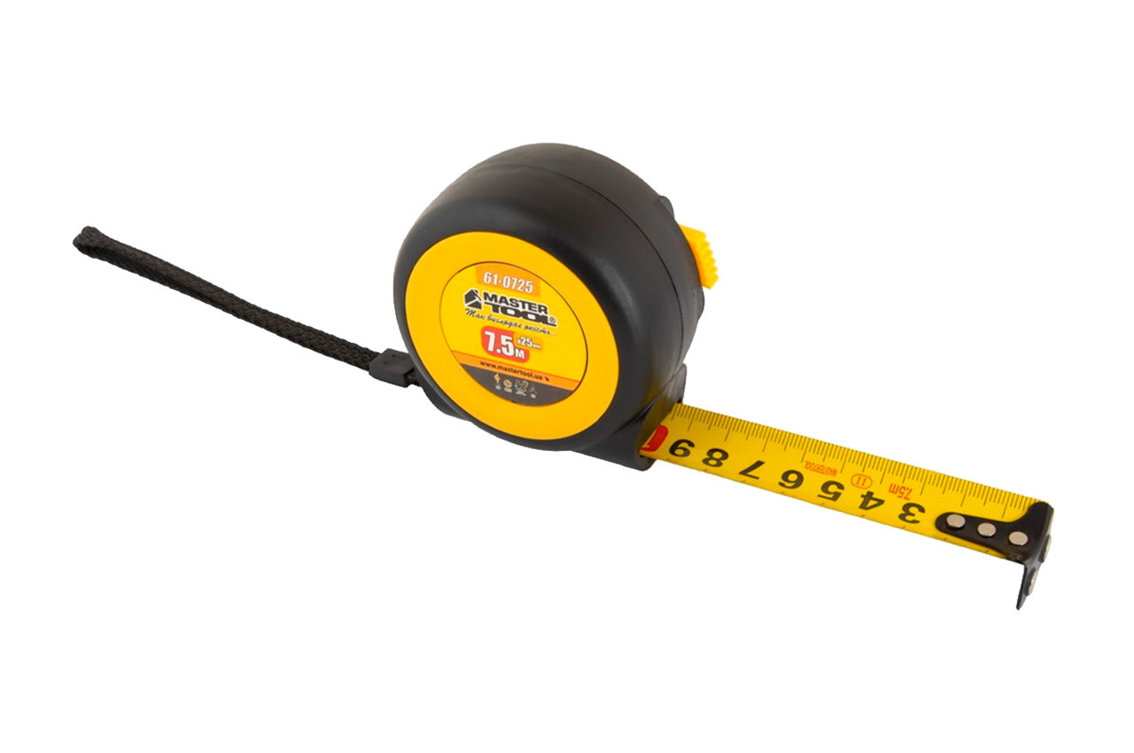 Рулетка Mastertool 7.5м x 25мм з магнітом, обрезинена, автостоп, артикул 61-0725, фото 1
