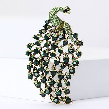 Брошка металева золотиста павич із смарагдовими кристалами розмір виробу 75х45 мм, фото 1