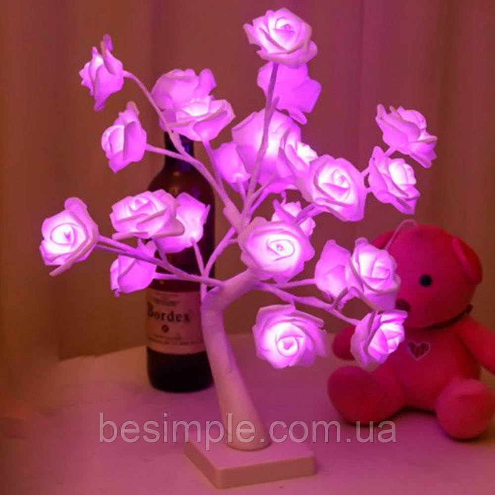 Світлодіодне дерево з трояндами (45см), від батарейок, Фіолетовий / Лампа-троянда / Світильник трояндове дерево, фото 1