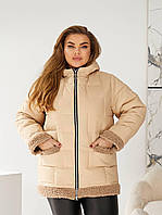 Жіноча зимова куртка з актуальними вставками Тедді батал плащівка Lake матова на синтепоні 48-50, 52-54, 56-58