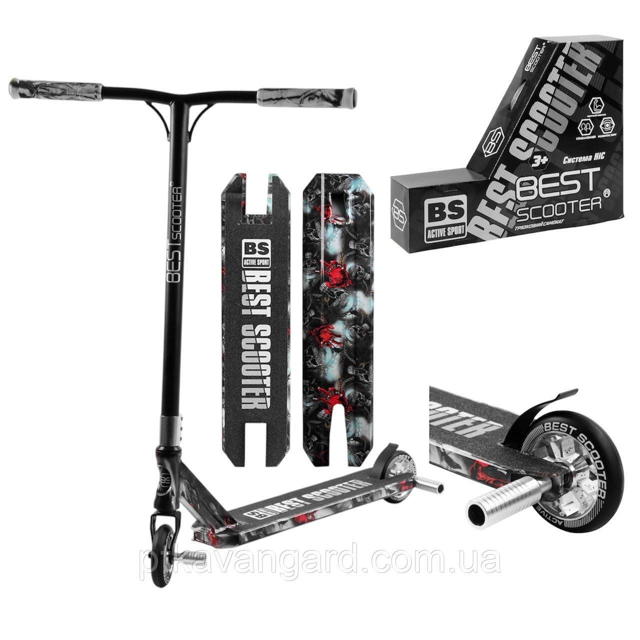 Самокат трюковий з принтом Черепа Best Scooter Чорно-білий пеги HIC колеса 110 мм анодований, фото 1