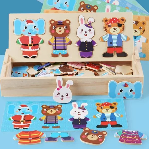 Інтерактивна іграшка зд пазли дерев'яні, містить 60 пазлів у вигляді елементів одягу для тварин, фото 1