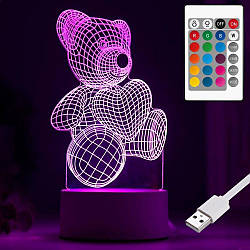 3D нічник Ведмедик "Люблю тебя" USB, з пультом - Подарунок дівчині / Настільна лампа-нічник / Акриловий світильник