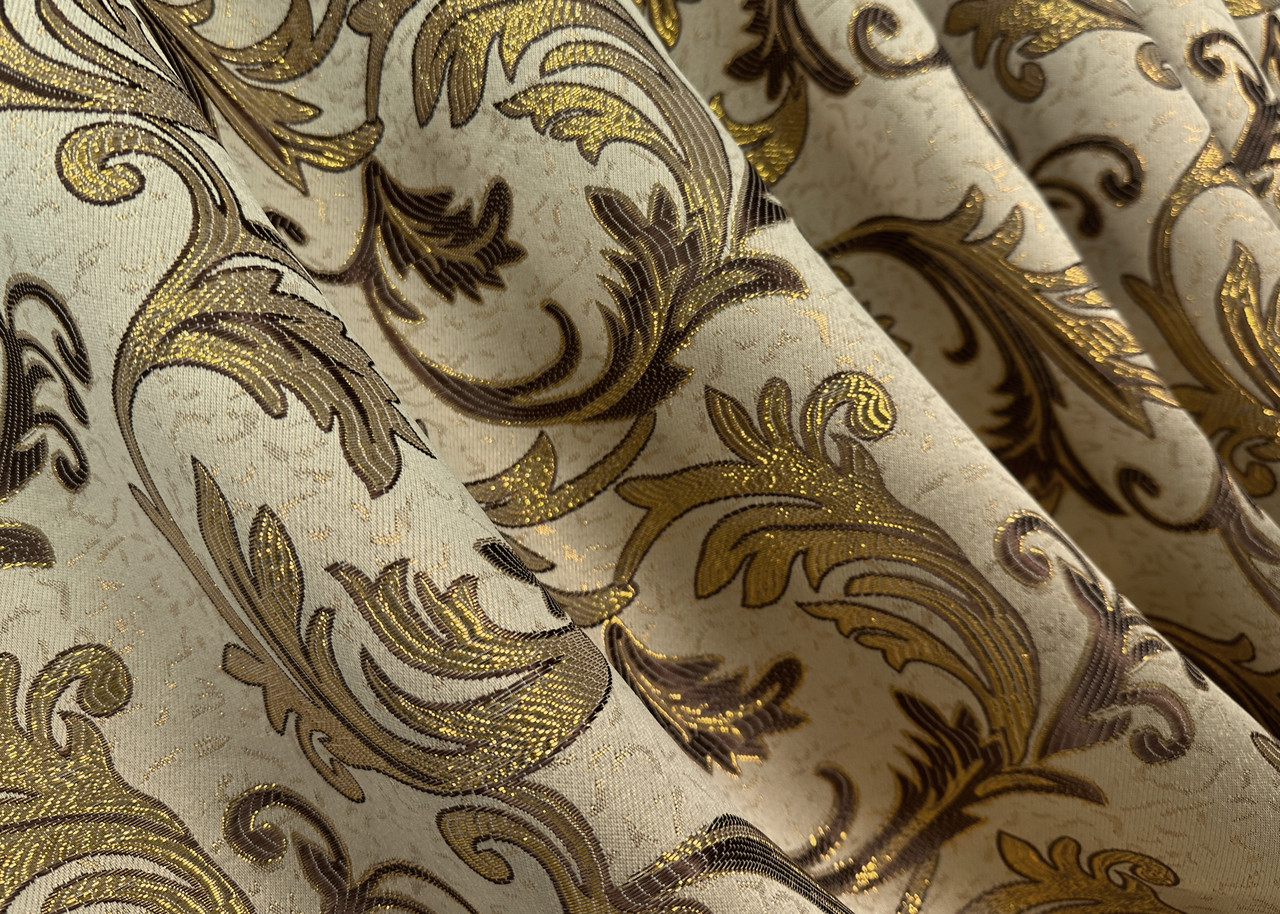 Шторна тканина жакард "Завиток" з люрексом. Колір бежевий з венге та золотистим. Код 1643ш, фото 1