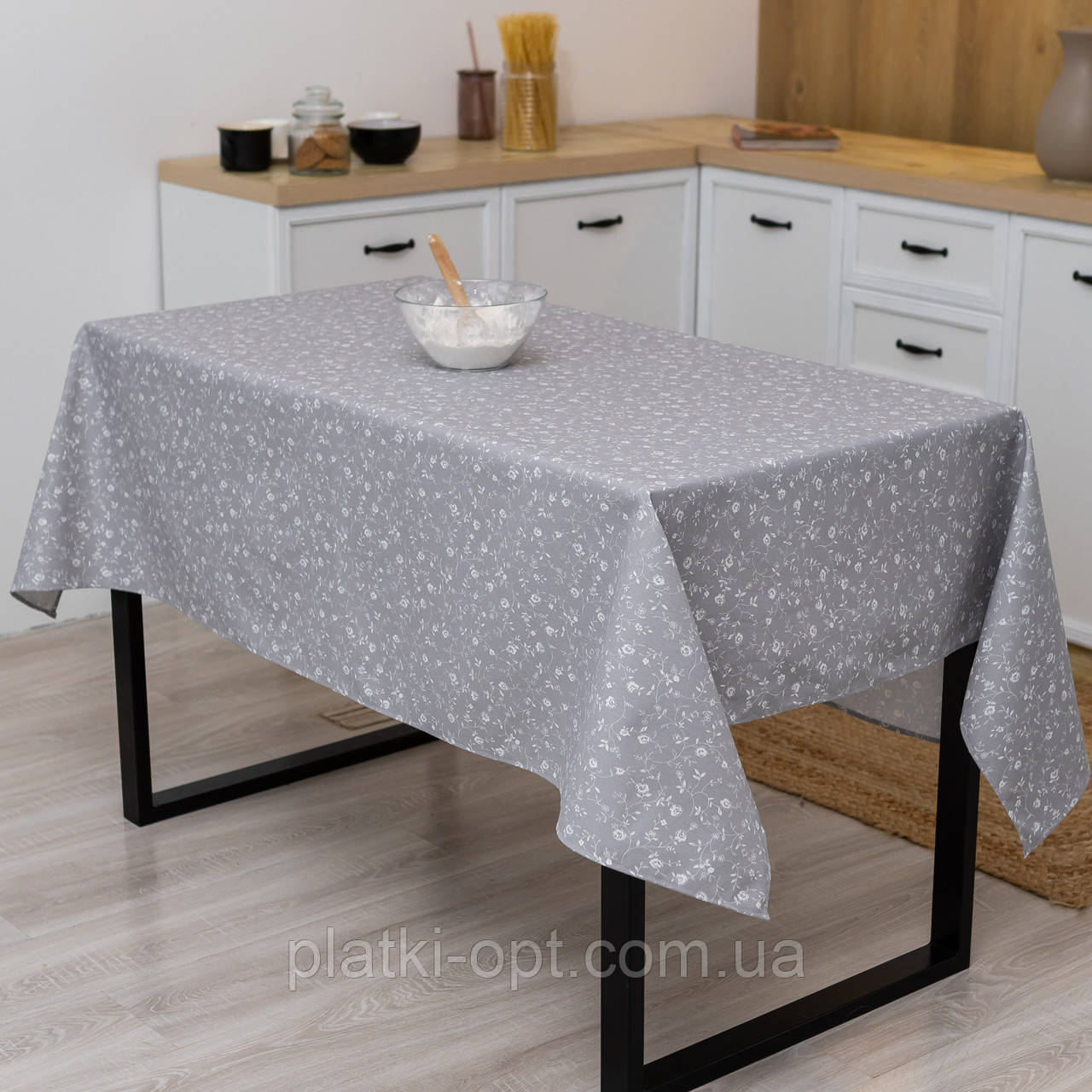 Скатертина з тефлоновим покриттям "Дика троянда" (сіра) 2.4м х 1.5м + 8 серветок