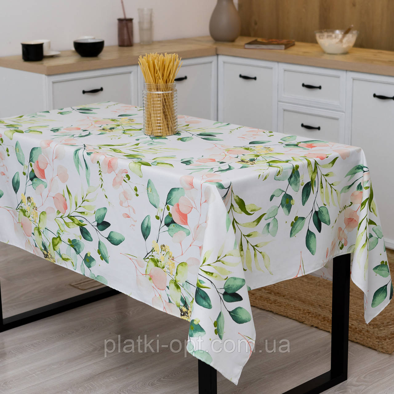 Скатертина з тефлоновим покриттям "Листочки зелені" 2.4м х 1.5м + 8 серветок, фото 1