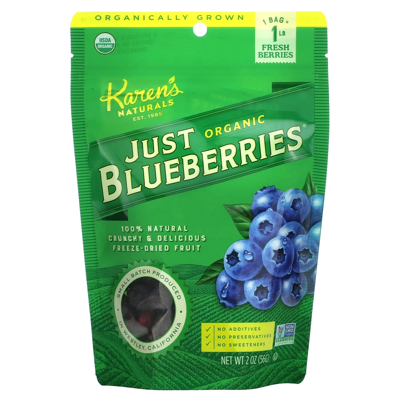 Karen's Naturals, Organic Just Blueberries, висушені сублімацією фрукти, 2 унції (56 р), Київ, фото 1
