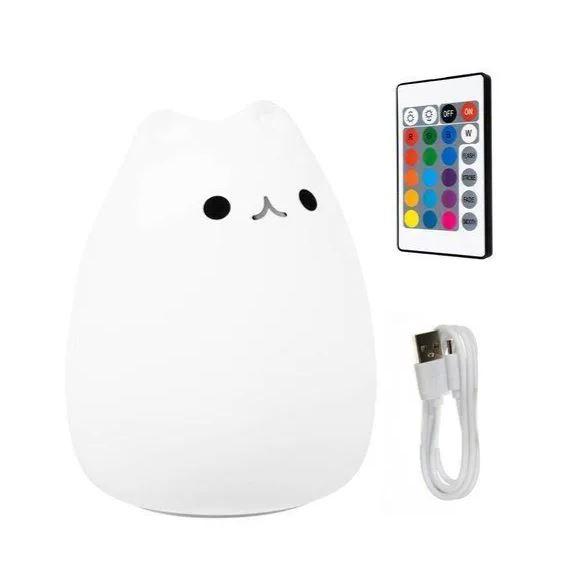 Світлодіодний світильник нічник Izoxis 15142 — кошеня білого кольору + пульт — 9 режимів яскравості — 16 кольорів під, фото 1