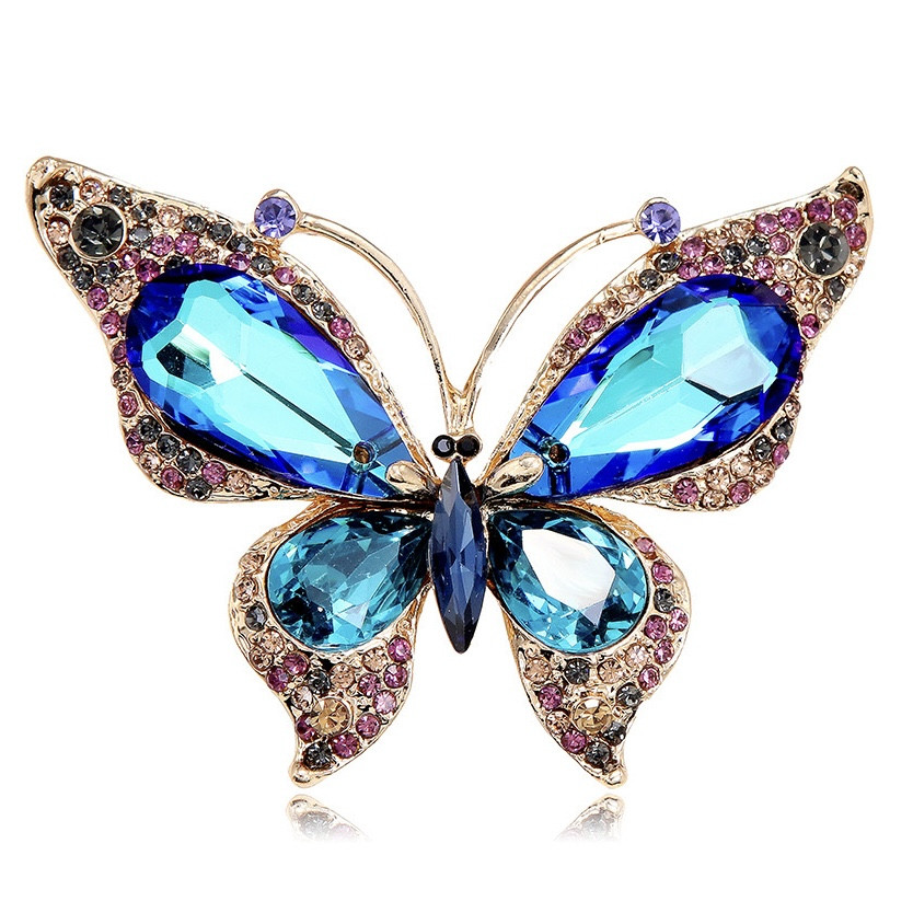 Брошка на золотистій основі метелик із різнобарвними камінчиками, що переливаються, розмір 65х45 мм