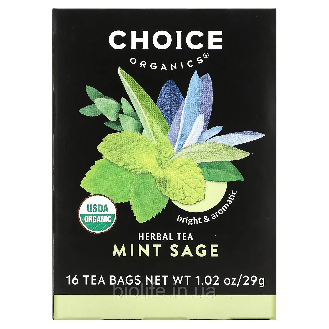 Choice Organic Teas, Herbal Tea, м'ята та шавлія, без кофеїну, 16 чайних пакетиків, 29 г (1,02 унції) оригінал, фото 1