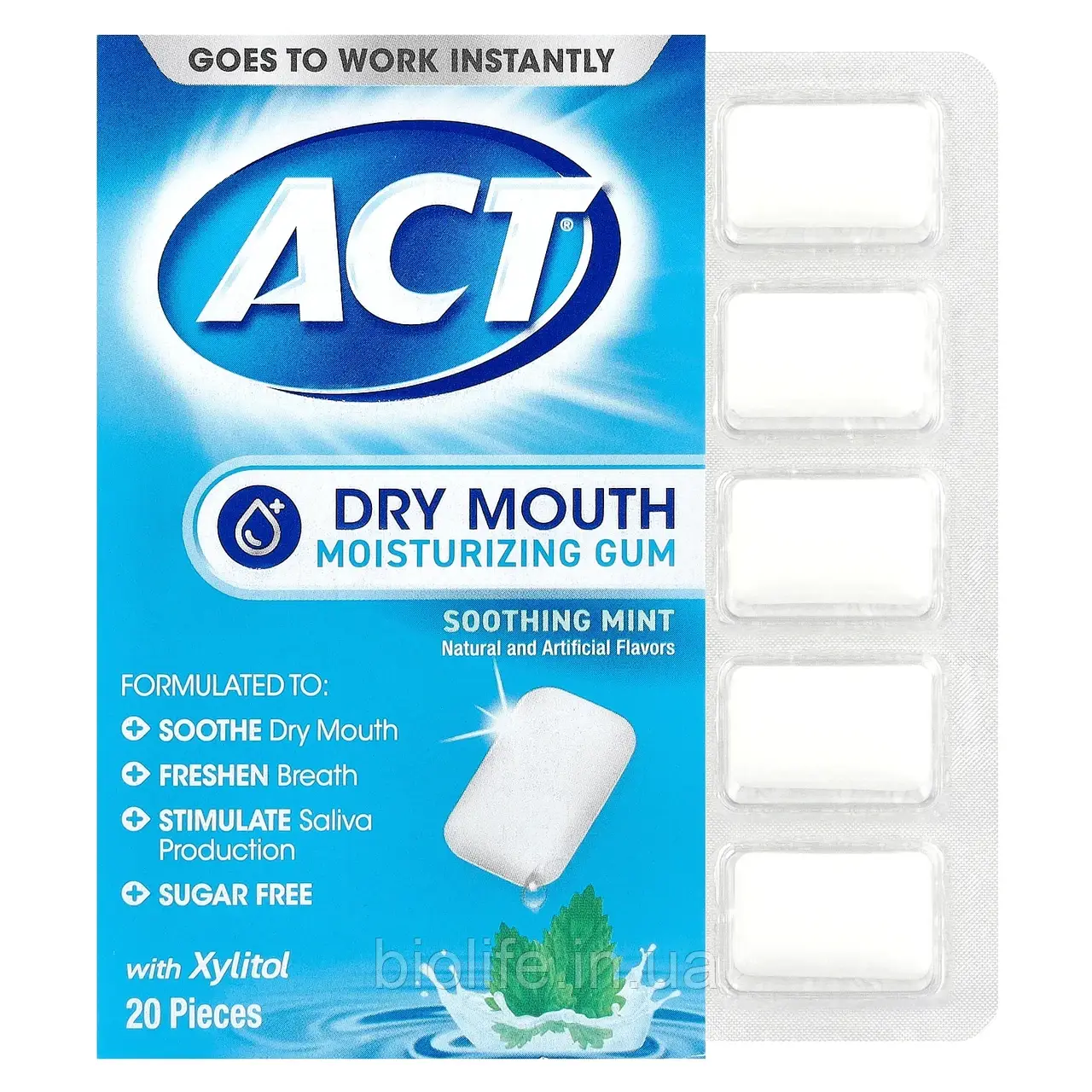 Act, зволожувальна жувальна гумка проти сухості в роті з ксилітолом, без цукру, заспокійлива м'ята, оригінал, фото 1