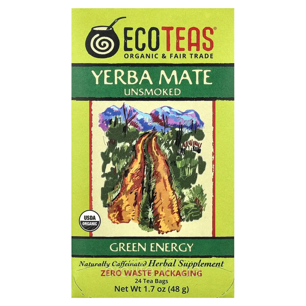EcoTeas, Yerba Mate, некопчений, зелена енергія, 24 чайні пакетики, 48 г (1,7 унції) оригінал, фото 1