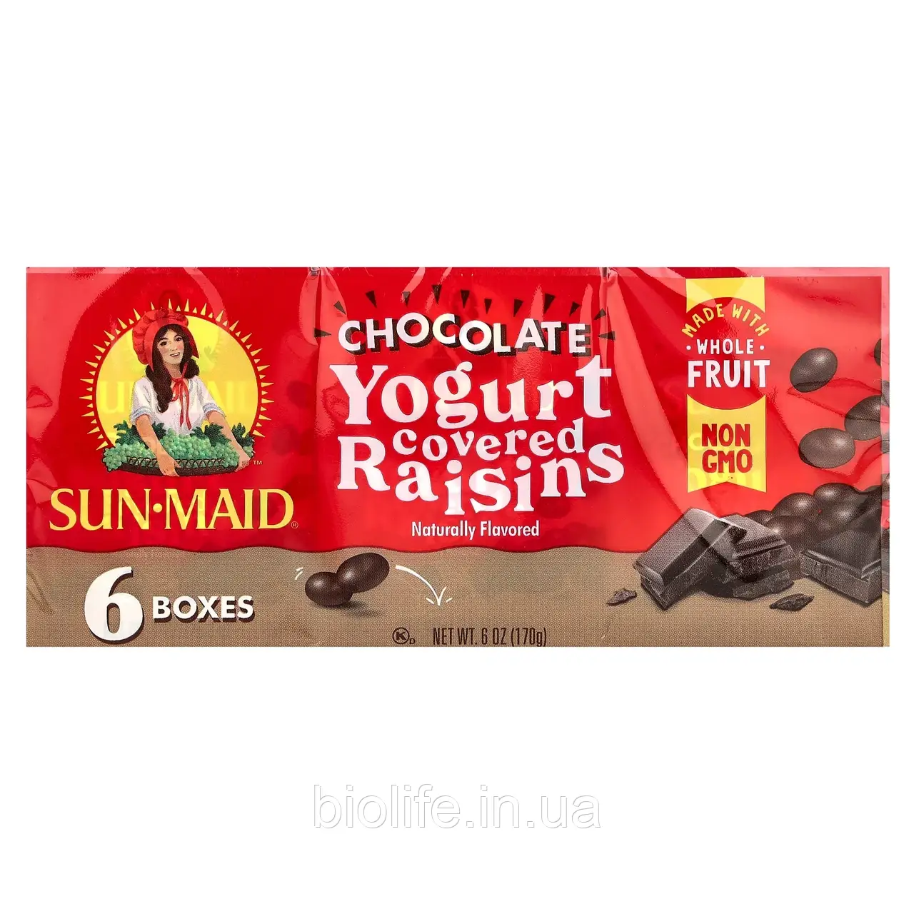 Sun-Maid, Родзинки в йогурті, шоколад, 6 коробок по 28,3 г (1 унція) оригінал, фото 1