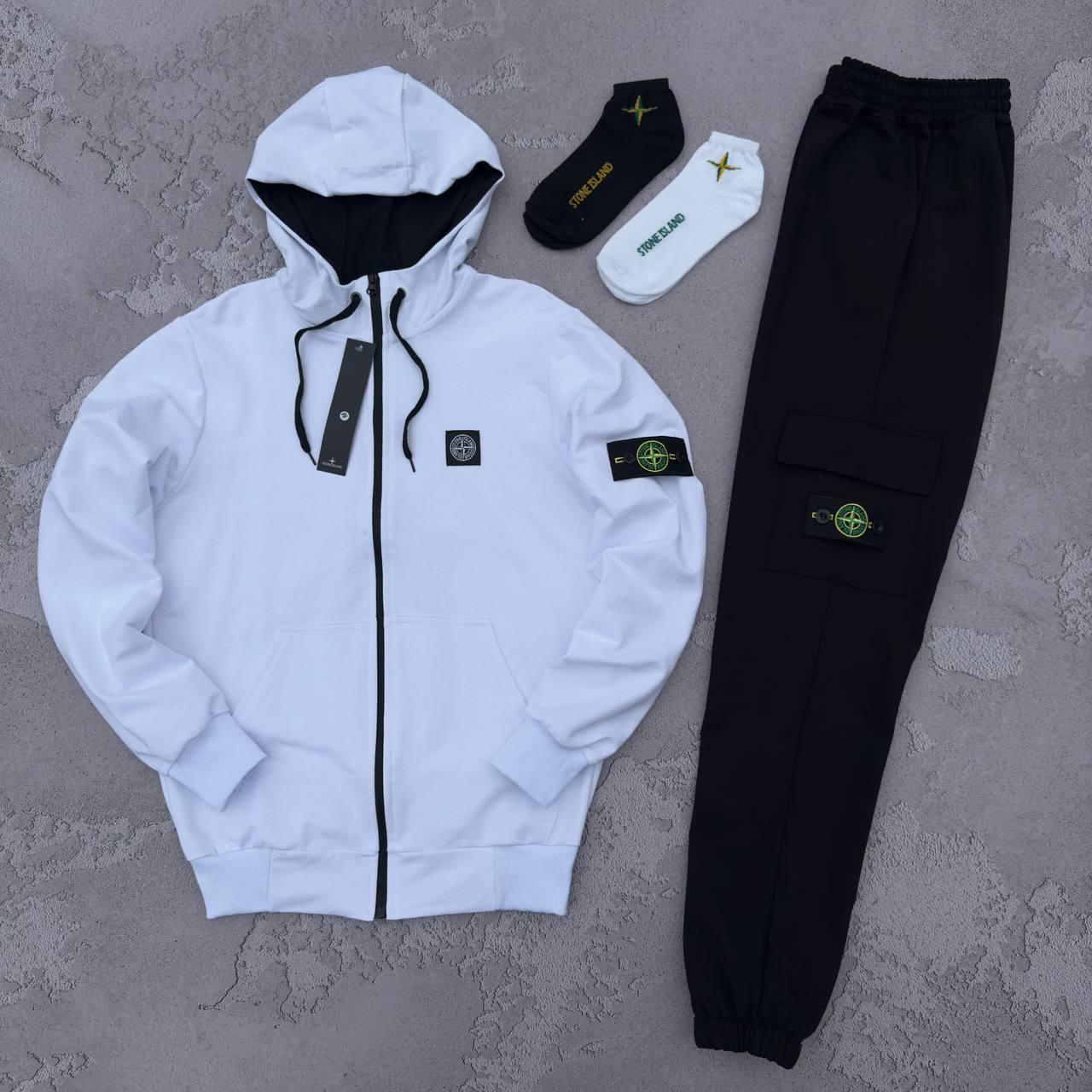 Спортивний костюм чоловічий Stone Island весняний осінній худі штани стон айленд чорнo-білий