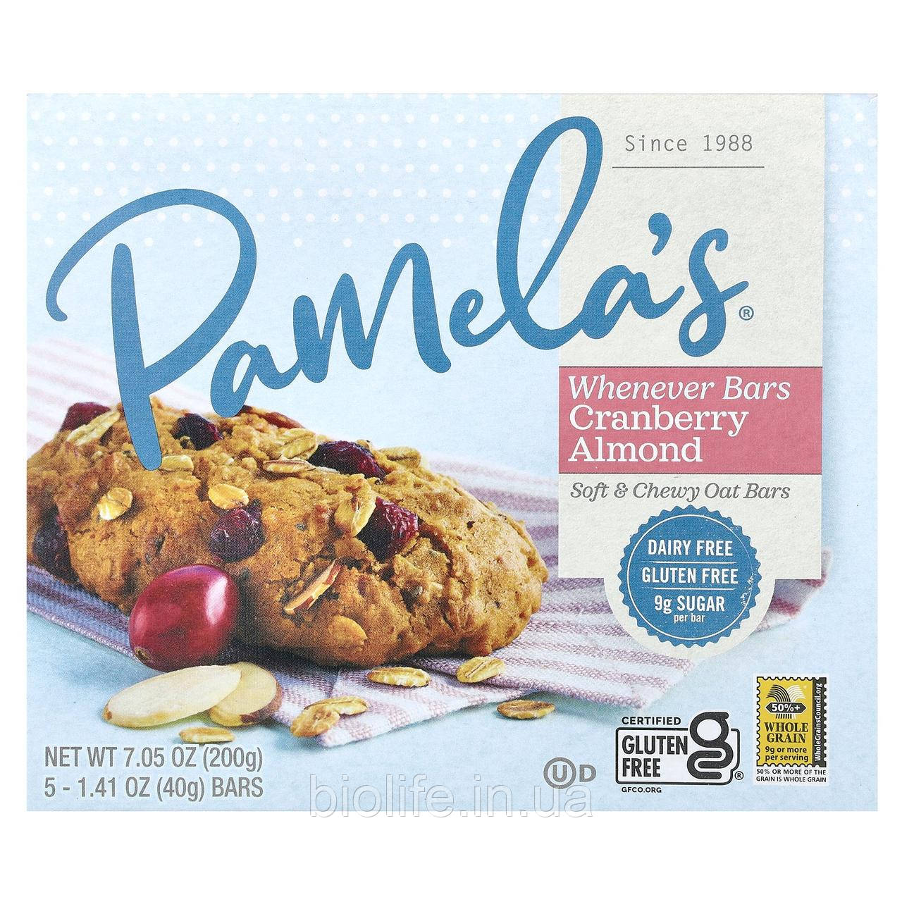 Pamela's Products, Wheever Bars, вівсяні батончики з журавлиною та мигдалем, 5 батончиків по 40 г (1,41 унції) оригінал, фото 1