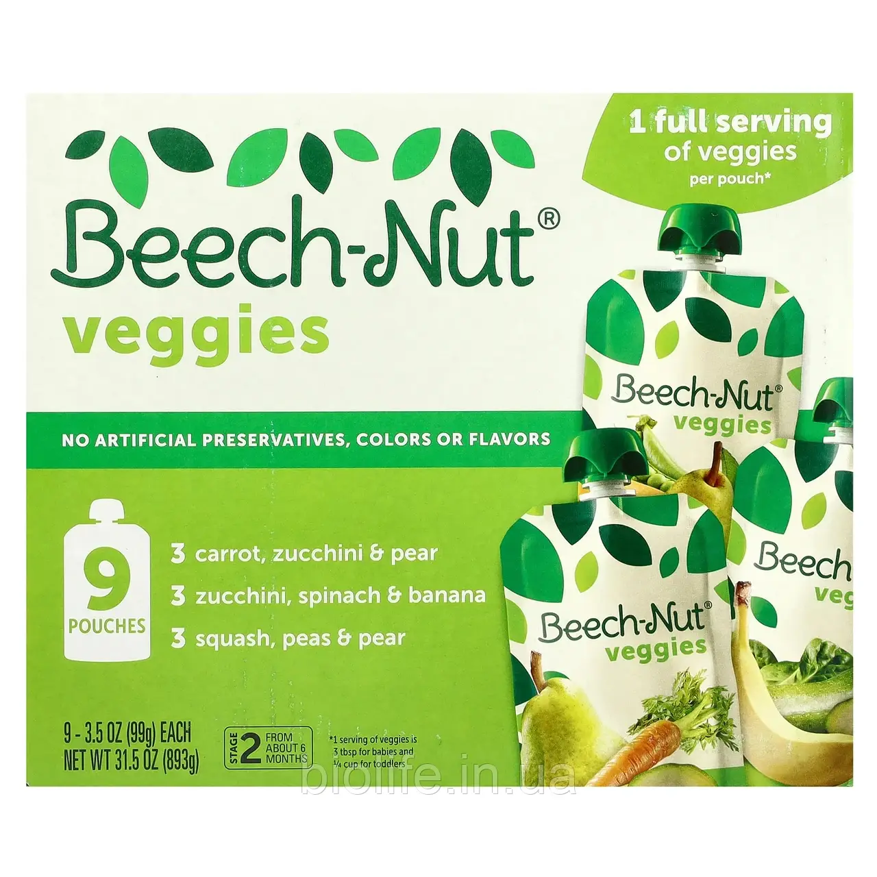 Beech-Nut, Veggies, Variety Pack, етап 2, 9 пакетиків, 99 г (3,5 унції) оригінал, фото 1