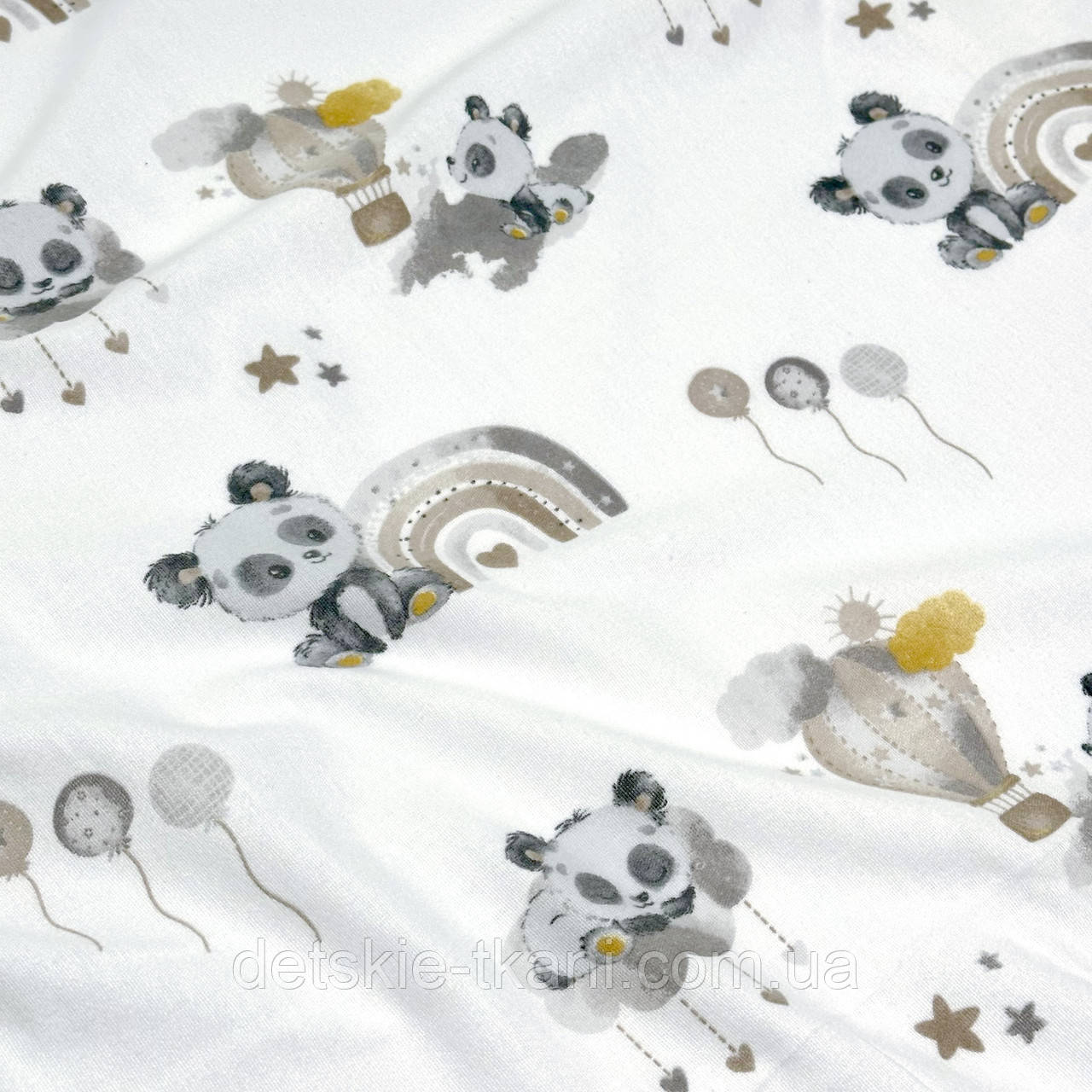 Клапоть фланелі "Панди та сіро-бежеві повітряні кулі", розмір 41*120 см, фото 1