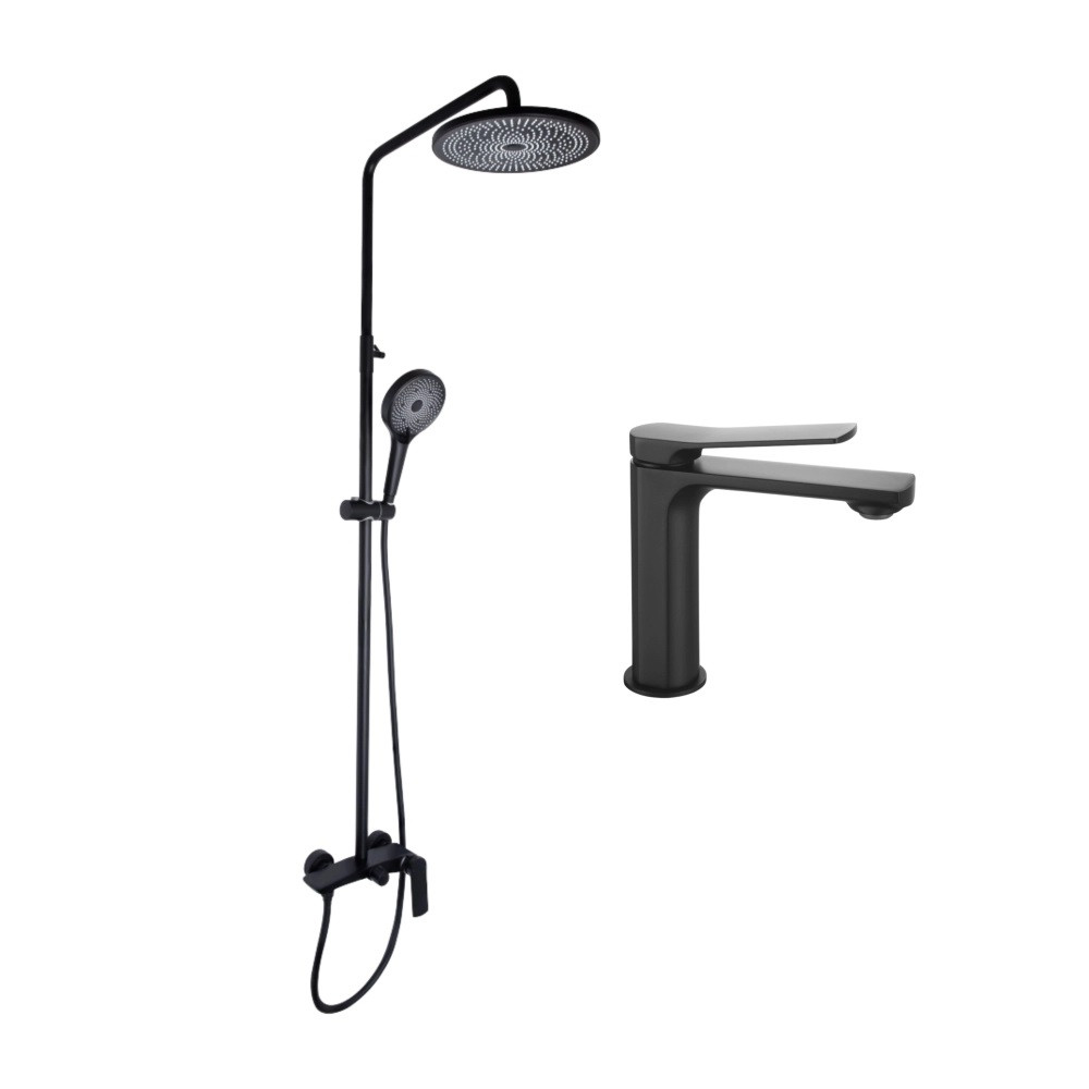 Набір 2 в 1 Qtap Slavonice: Душова система QTSLA110BLM45914+ Змішувач для раковини QTSLA1042103B, фото 1