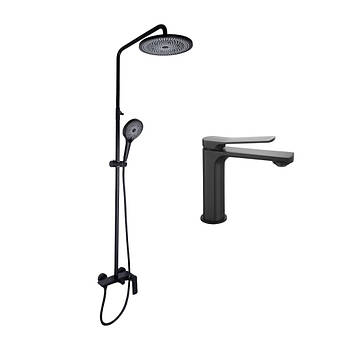 Набір 2 в 1 Qtap Slavonice: Душова система QTSLA110BLM45914+ Змішувач для раковини QTSLA1042103B