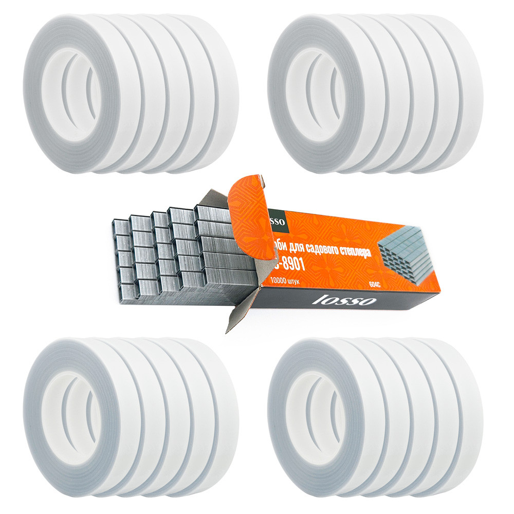 Стрічка для степлера для підв'язки рослин LOSSO SC-8801 20шт/уп біла, 11мм*25м, скоби для тапенера, фото 1