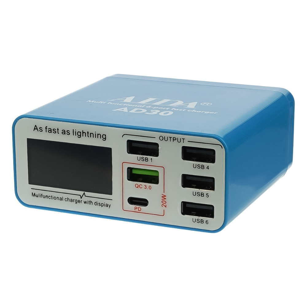 Зарядна станція з індикацією параметрів заряджання Aida AD30 (5 USB/1 Type-C, Fast Charge 3.0, 40 W)