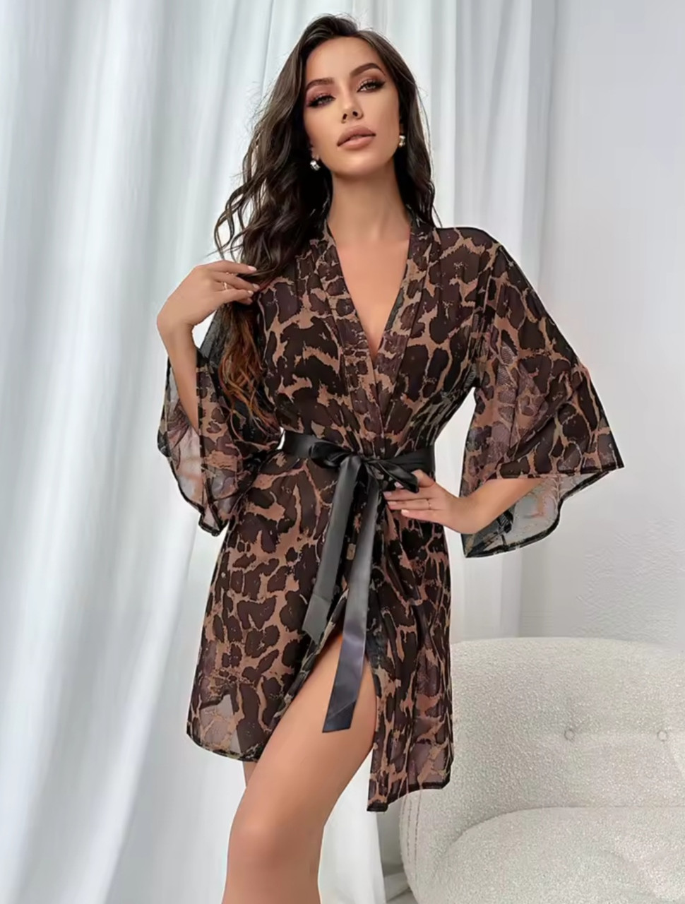 Халат з поясом жіночий прозорий короткий леопардовий, фото 1