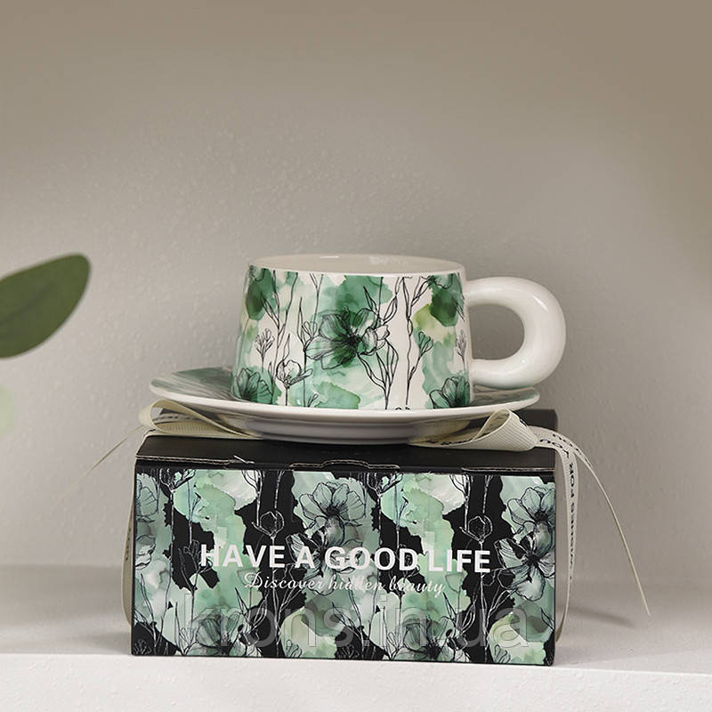 Сувенірний подарунковий кавовий набір Qinglan Ruomeng 280 мл чашка+блюдце + подарункова коробка керамічний White, фото 1