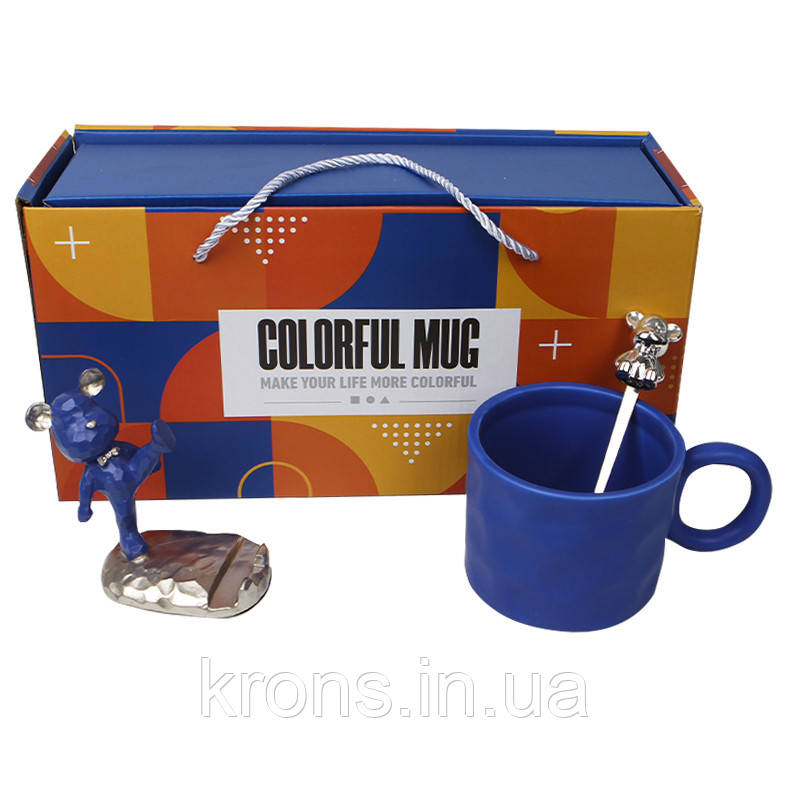 Подарунковий кавовий набір Dedbb чашка ложка підставка для телефона подарункове паковання Dark Blue, фото 1