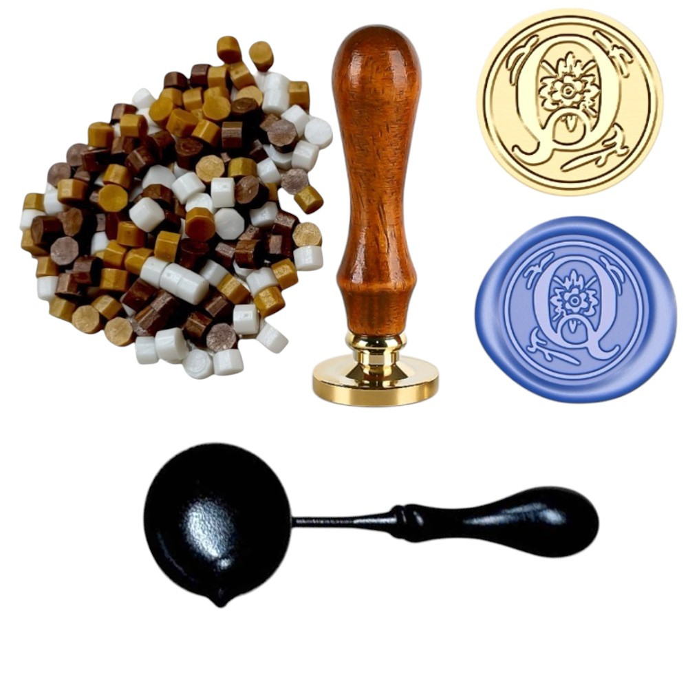 Набір для сургучного друку Факсиміле Друк з літерою Q+ сургуч + ложка для плавлення сургуча, фото 1