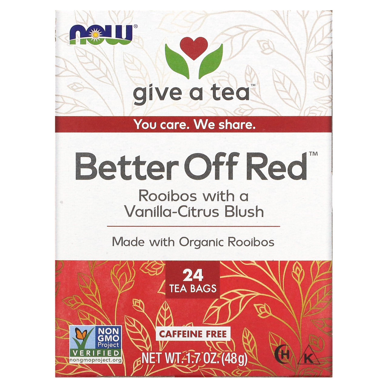 Now Foods, Real Tea, Better Off Red, без кофеїну, 24 чайних пакетика, 48 г (1,7 унції), Київ