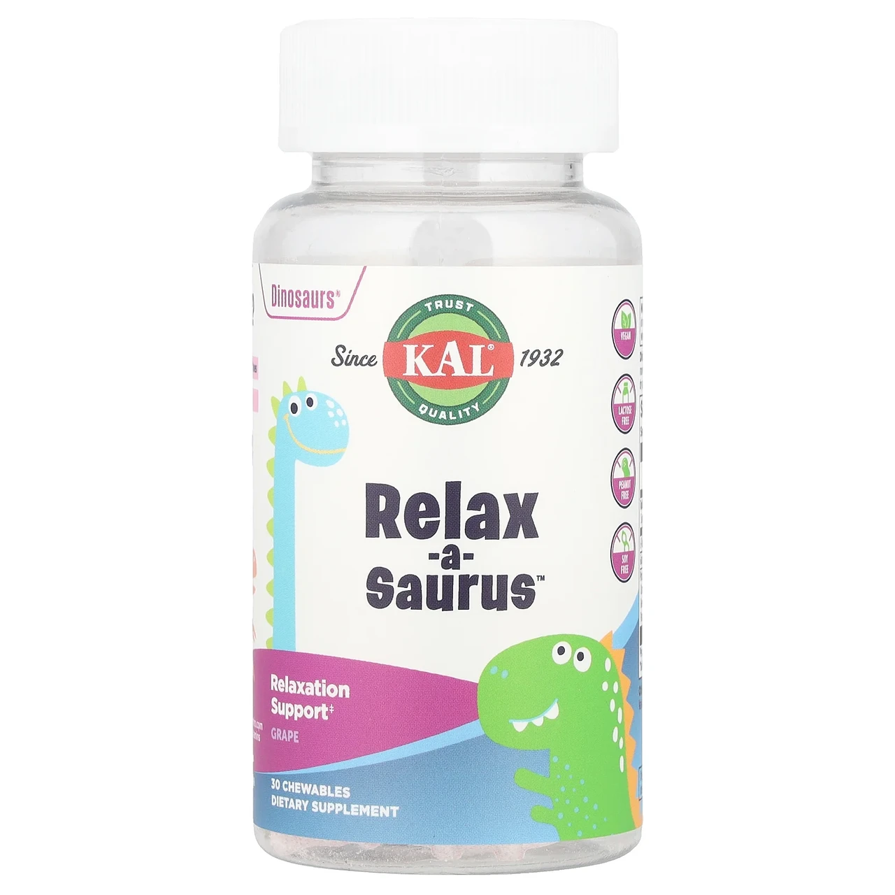 KAL, Dinosaurs, Relax-a-Saurus, суміш з L-теанином, виноградний смак, 30 жувальних таблеток, Київ