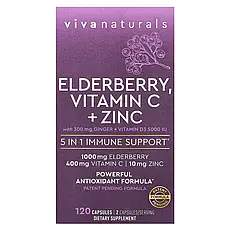 Viva Naturals, Elderberry, вітамін C і цинк, підтримка імунітету 5 в 1, 120 капсул, Київ