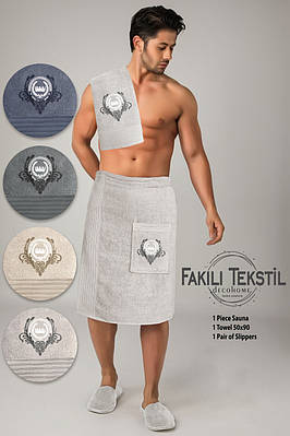 Набір для бані чоловічий Fakili Sauna С подарунковий 100% хлопок світло сірий