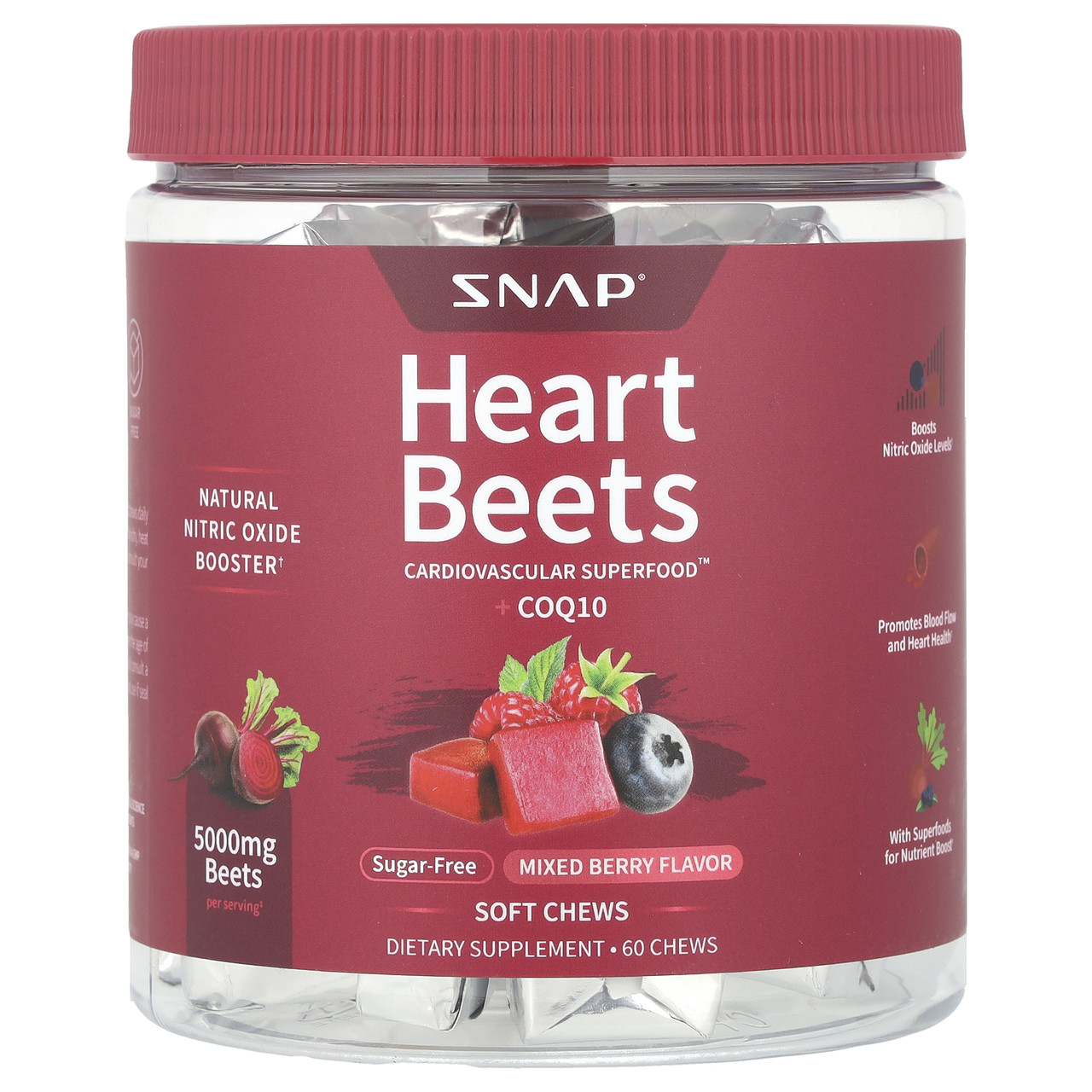 Snap Supplements, Heart Beets + CoQ10, ягідне асорті, 60 жувальних таблеток, Київ, фото 1