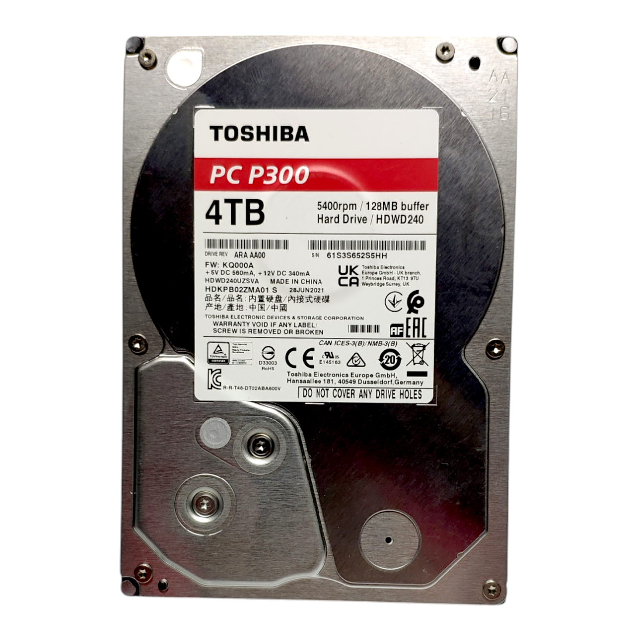 Жорсткий диск HDD 4TB 5400rpm 128MB SATA III 3.5 Toshiba P300 HDWD240UZSVA