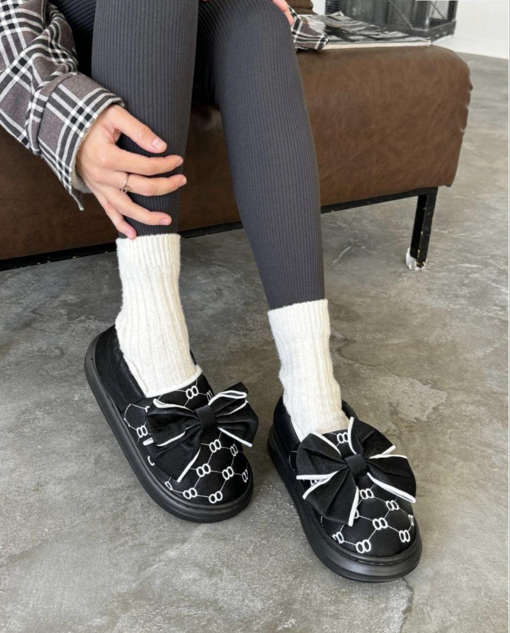 Дутики уги Чорні мокасини з бантиком під шкіру теплі непромокальні осінь зима жіночі