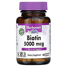 Bluebonnet Nutrition, Біотин, 5000 мкг, 60 рослинних капсул, Київ