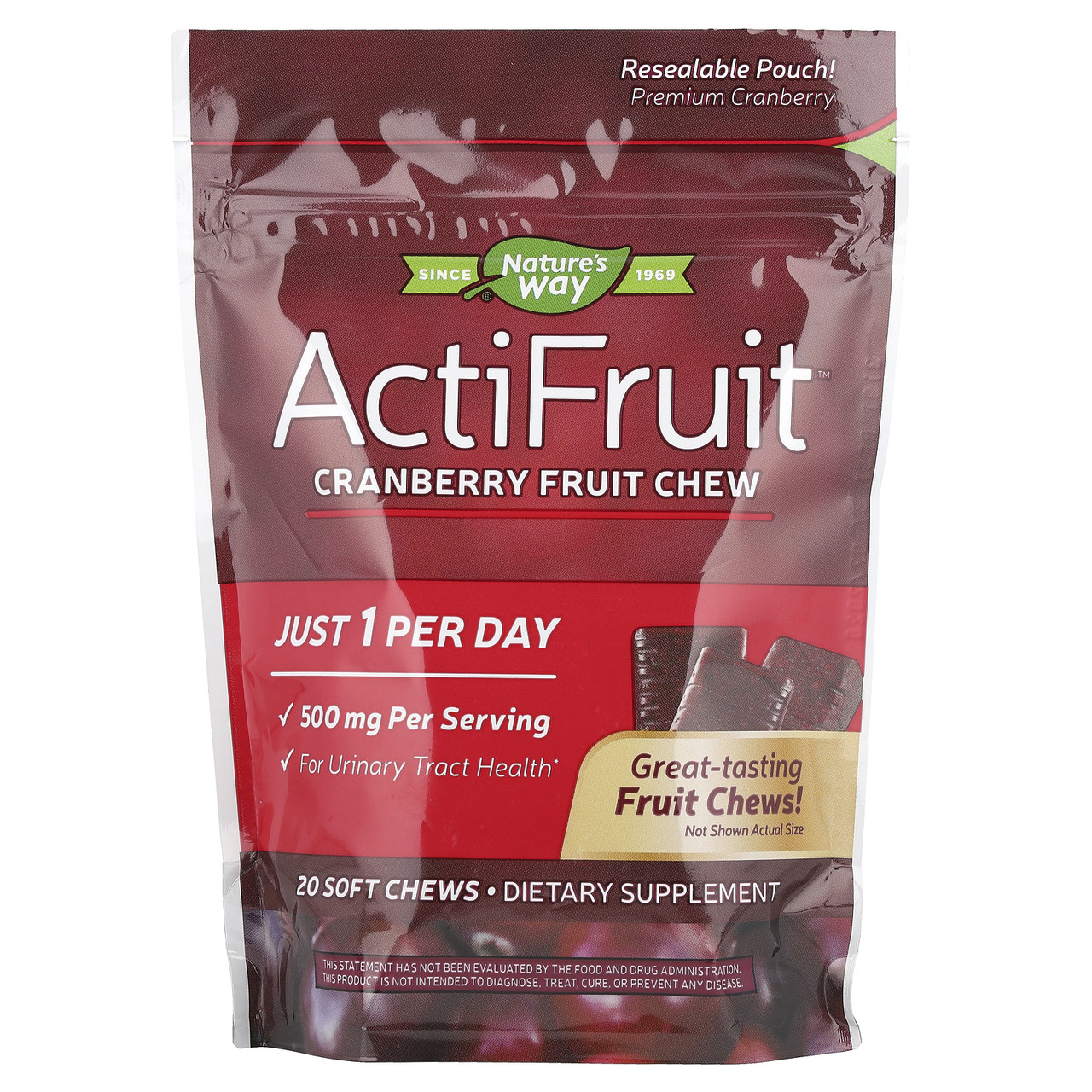 Nature's Way, ActiFruit, жувальні таблетки з смаком журавлини, 500 мг, 20 м’яких жувальних таблеток, Київ, фото 1